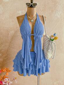 Soleia Plus Size New Light Blue Summer Boho Beach Holiday Knit Textured Halter Neck Asymmetric Hem Top + Low Waist Layered Ruffle Hem Skirt 2 Piece Set - Blue - View 1