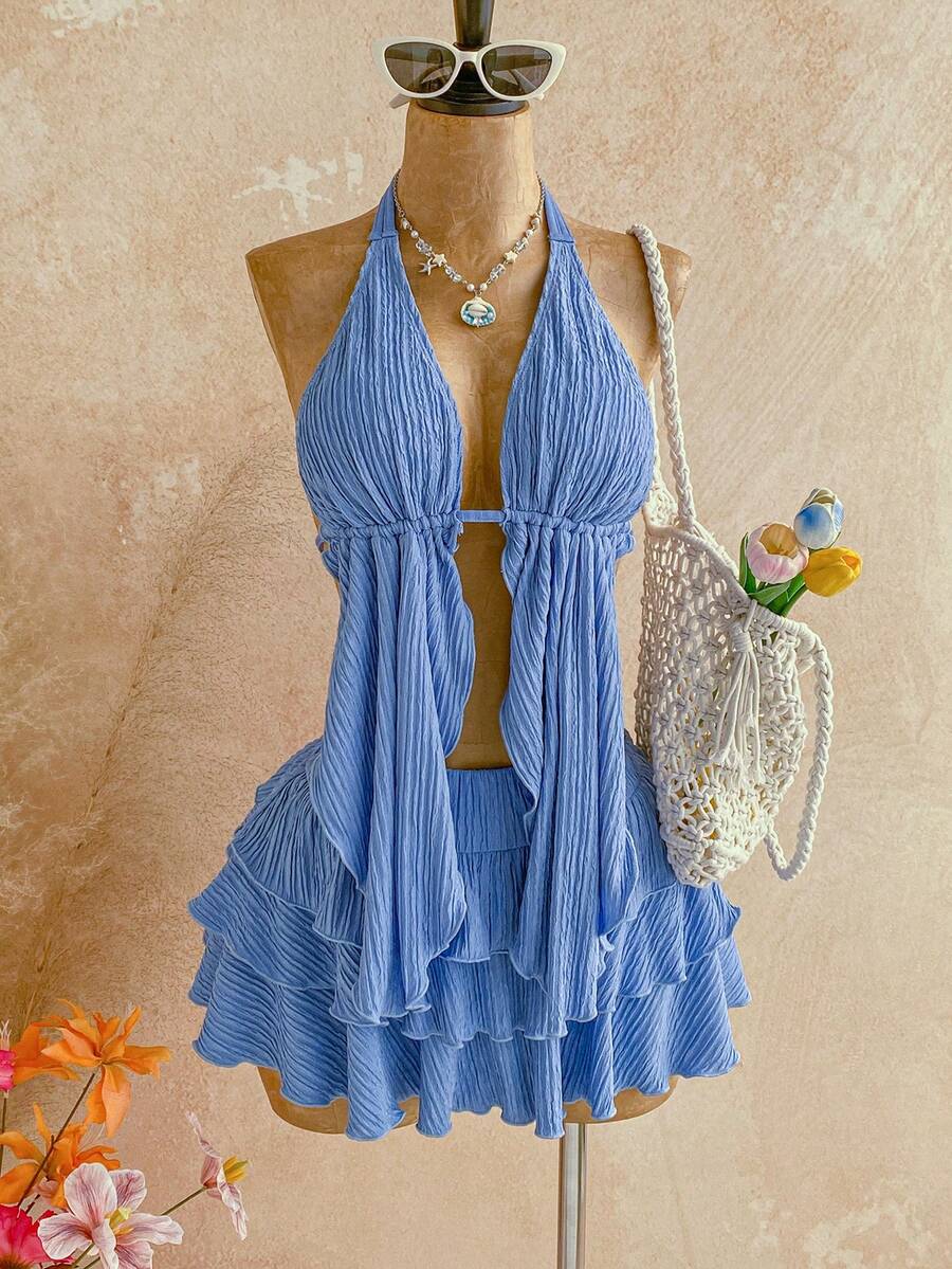 Soleia Plus Size New Light Blue Summer Boho Beach Holiday Knit Textured Halter Neck Asymmetric Hem Top + Low Waist Layered Ruffle Hem Skirt 2 Piece Set - Blue - View 1