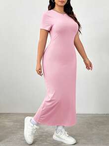 SHEIN EZwear 加大码纯色圆领修身夏季短袖连衣裙，粉色 - 粉色 - 查看 3
