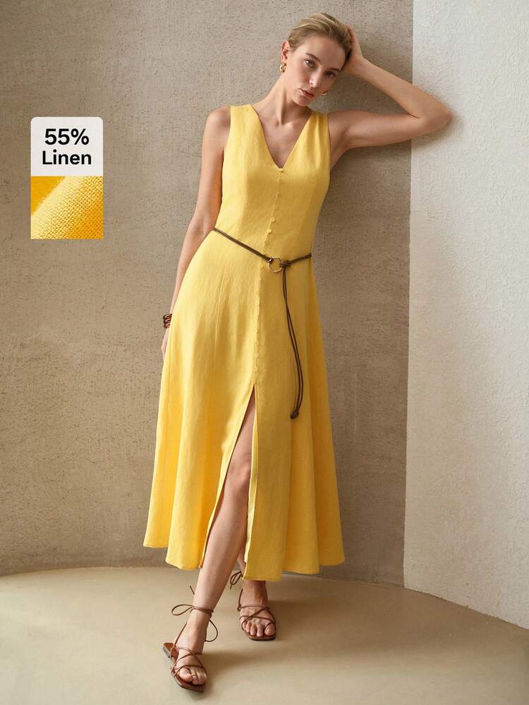 VESTIDO DE MEZCLA DE LINO MIDI DE CORTE EVASÉ CON CINTURA CEÑIDA Y CUELLO EN V PARA MUJER