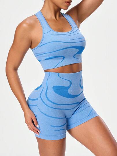 Seamluxe SHEIN Sport 女士瑜伽运动文胸短裤套装；健身跑步运动文胸；露背设计；高腰收腹弹力紧身短裤