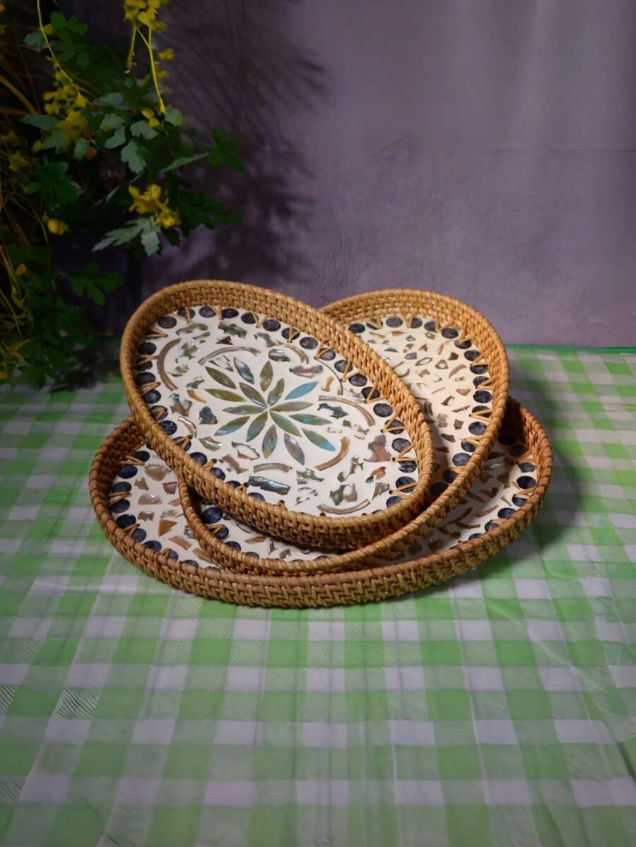 Handmade Natural Woven Rattan Seashell Shaped Tray Boho Decorative Jewelry Tea Storage Organizer Multipurpose Shell Tray For Bedroom Living Room Vanity - Yellow - View 1