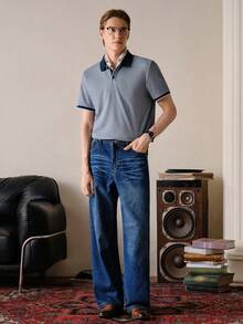 Men Blue Color Summer Celebration Season Navy Contrast Collar Vertical Striped Textured Polo Shirt For Knitted, Plain Short Sleeve - Blue - View 2