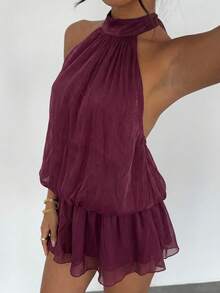 DAZY Women's Solid Color Halter Backless Tie Cinched Waist Flared Hem Elegant Sexy Summer Tank Top - Burgundy - View 4