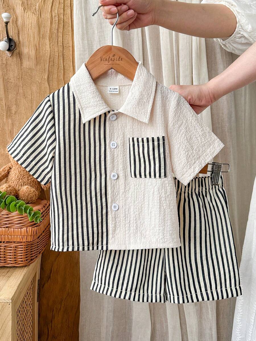 Baby Boy Decorated Patch Pocket Lapel Short Sleeve Cardigan And Shorts Set - Multicolor - View 1