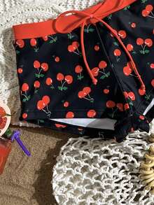 SHEIN Swim Mod Women's New Summer Beach Vacation Style Cute Cherry Print Bikini,Halter-Neck Backless Triangle Cup Top And Beach Shorts, Zestiva Swimsuit, Cherry Print Shorts, Cherry Swimsuit - Multicolor - View 6