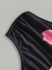 SHEIN Girlism 少女休闲优雅舒适波西米亚热带花卉不对称肩部褶皱腰部连衣裙，针织不对称肩部褶皱腰部简约优雅修身连衣裙 - 黑色 - 查看 6