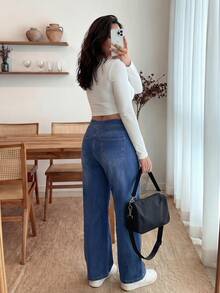SHEIN Unity Plus Size Casual Washed High Waist Loose Fit Jeans, For Apple Rounded Body Shape - Medium Wash - View 2