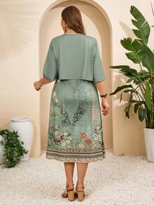 EMERY ROSE Plus Size Women's Sage Green Summer Floral Print Jacket & Camisole Dress 2pc Set,Modest Curve Outfits For Party,Wedding Guest,Vacation Boho Outfits - Green - View 3