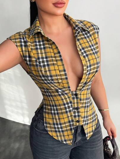 SHEIN SXY Women's Single-Breasted Fitted Sexy Plaid Shirt With Capped Sleeves