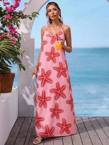 Vivid Eden 女士度假休闲海星印花露背吊带连衣裙 - 粉色 - 查看 4