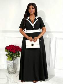 Villa Velisse Plus Size Women's Black And White Contrast Color Knit Collared Short Sleeve Waist Cinched A-Line Loose Casual Elegant Formal Summer Dress For Work - Black and White - View 1