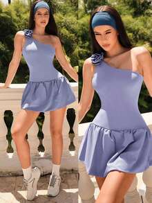 女士纯色无袖连衣裙，饰有3D立体花卉图案 - 藍色 - 查看 1