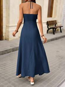 Women's Solid Color Pleated Halter Tie Textured Fashion Dress,Summer Dresses For Women - Navy Blue - View 2