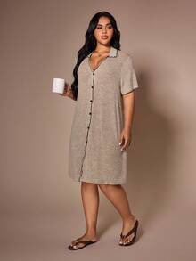 Lazeform Plus Size Women's Khaki V-Neck Open Front Ruffle Trim Knit Dress, Cozy Fleece Fabric Short Sleeve Casual Loungewear/Sleepwear - Khaki - View 7
