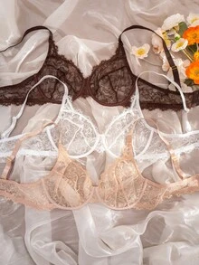 3pcs/Set Women's Lace Underwire Comfortable Plus Size Bras - Multicolor - View 3