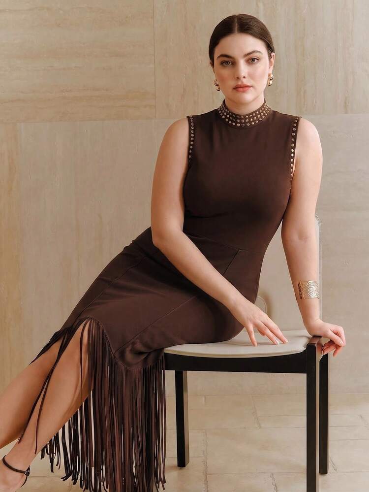 Plus Size Women's Elegant Dress, Vacation Wear Dress, Summer Minimalist Commuter Dress, Sleeveless High Neck With Embellished Brown Long Tassel Dress