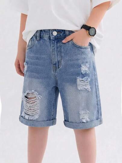SHEIN Vacaura Tween BoySummer Casual Street Cool Minimalist Fashion Ripped Denim Elastic Waist Shorts, Mid-Blue Washed, Soft Cotton, Suitable For Daily Wear, Outdoor Activities, Travel, Family Events, Parties