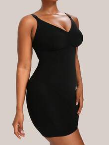 Plus Size Women Solid Color V-Neck Sleeveless Fitted Bodysuit - Black - View 6