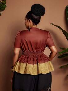 Maweii Blusa elegante de mujer con cuello en V, cintura ceñida, mangas abullonadas y dobladillo con volantes estampados, adecuada para uso diario, fiestas y trabajo - Marrón - Ver 3