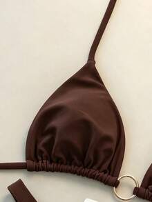 Swim Vcay Burgundy Metal Ring Halter Crop Top & Bottoms 2 Pieces Swimwear, Suitable For Beach Vacation In Spring/Summer - Coffee Brown - View 3