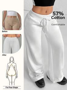 SHEIN PETITE Comfortable And Casual Plain Knit Low-Rise Wide-Leg Women Sweatpants - White - View 1