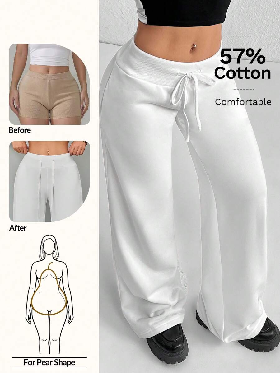 SHEIN PETITE Comfortable And Casual Plain Knit Low-Rise Wide-Leg Women Sweatpants - White - View 1