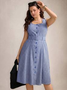 Zelara Vestido midi sin mangas con cuello cuadrado, estampado de rayas y cinturón para tallas grandes - Azul y blanco - Ver 6