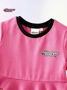 THE POWERPUFF GIRLS X SHEIN Maija Kids 女童卡通动物印花柔软针织圆领短袖连衣裙 - 淺粉色 - 查看 5