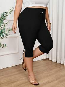 SHEIN CURVE+ 女士纯色长裤，夏季时尚之选 - 黑色 - 查看 4