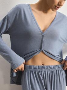 Ocili Minimalist Comfortable Collarless Soft Pajama Set For Women - Dusty Blue - View 6