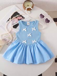 SHEIN Baby Girl Cute Bow Knit Sleeveless Romper, Blue, Summer - Blue - View 3