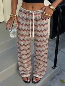 SHEIN Muchic 女士波西米亚风彩色锯齿复古印花抽绳腰宽松阔腿裤 - 彩色 - 查看 3