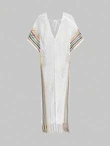 SHEIN PETITE 女士度假条纹镂空侧开衩针织连衣裙 - 白色 - 查看 2