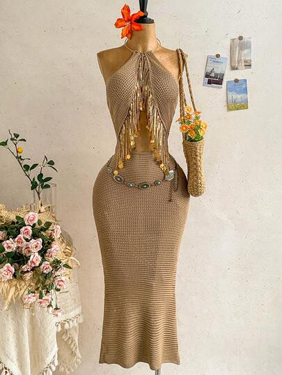 Soleia 女士纯色亮片拼接流苏修身吊带针织连衣裙