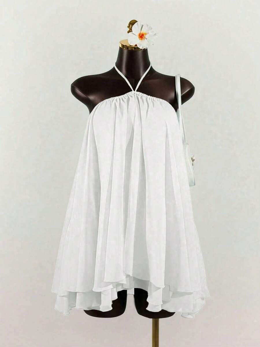 SaltGleam SaltGleam Vestido corto de mujer con volantes de gasa y sin mangas - Blanco - Ver 1