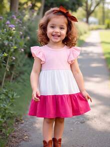 Emery Rose Kids Đầm dệt kim ôm sát, cổ tròn, viền bèo nhún, phối màu tương phản cho bé gái. - Màu Hồng baby - Xem 8