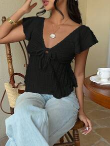 Women's Solid Color Deep V-Neck Casual Versatile Daily Wear T-Shirt - Black - View 3