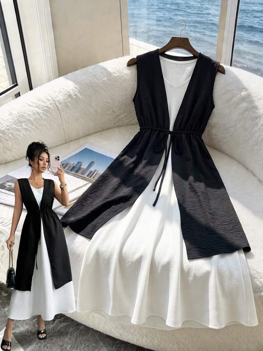 Rafferiza Women's Two-Piece Dress Set: Black Drawstring Long Shirt Dress, White Sleeveless Slim Fit Dress, Casual Commuter Two-Piece Dress, Elegant Dress, Black And White Dress, Summer Everyday Dress, Lace-Up Waist Slimming Dress, Casual Commuter Dress - Black and White - View 1
