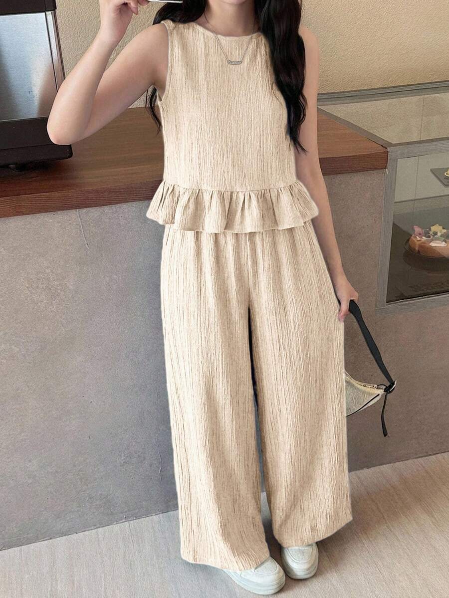 SHEIN 少女春夏休闲度假时尚编织纹理蓝色无袖上衣搭配直筒裤套装,适合度假、派对、优雅场合、返校季、春季野餐、日常穿着。 - 卡其色 - 查看 1