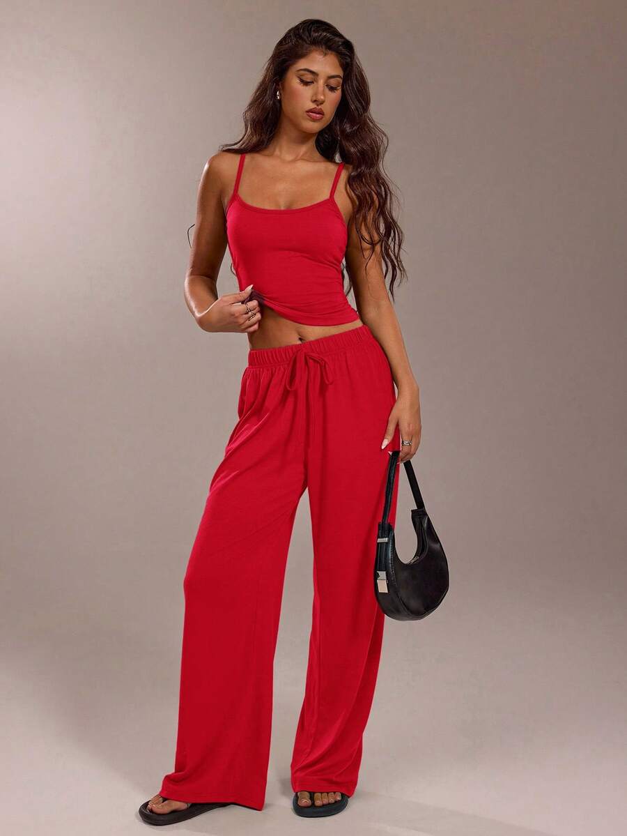 Avantive Women's Solid Color Camisole Top And Pants Casual Outfit,Summer Outfits For Women - Red - View 1