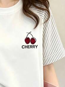 INAWLY Women's Casual Striped Patchwork Cherry Print T-Shirt, Summer - White - View 3
