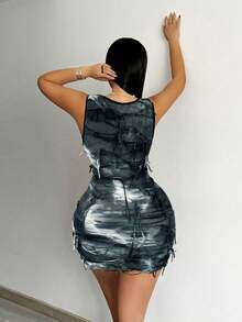Zolique Vestido ajustado sin mangas con diseño rasgado y teñido anudado para mujer - Blanco y Negro - Ver 2