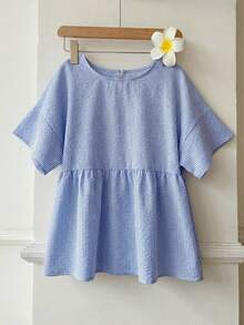SHEIN EZwear 大码女式条纹宽松圆领短袖衬衫 - 藍白色 - 查看 4