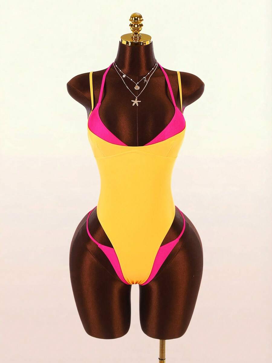 Amplova 1pc Women's Avant-Garde 2 In 1 Swimsuit,Contrasting Fuchsia And Yellow,Summer Gay Beach Outfits,Festival Elegant Casual Y2k Sports Set - Multicolor - View 1