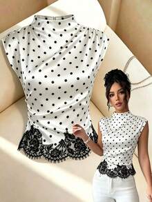 Qadelle Áo kiểu nữ màu đen trắng cổ đứng, bèo nhún bất đối xứng, phối ren chấm bi, thanh lịch, thoải mái, thích hợp mặc đi làm hàng ngày, mùa hè, hàng mới về, áo nữ / Áo kiểu nữ - Màu be - Xem 7