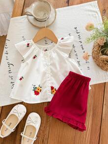 SHEIN LMoss Kids 新生女婴花卉刺绣图案短袖上衣和短裤套装，夏季 - 紅色 - 查看 5