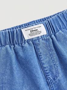 SHEIN EZwear 女士字母刺绣松紧腰休闲牛仔短裤 - 藍色 - 查看 5