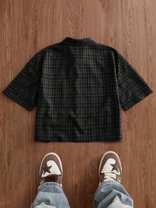 NORVETH Men's Plaid Star Letter Embroidered Short Sleeve Shirt - Black - View 2