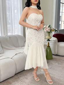 Feyla Women's Fashion Strapless Dress & Scarf - Apricot - View 6